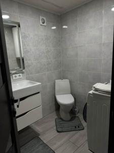 a bathroom with a toilet and a sink and a mirror at Odessa Apartments free parking in Odesa +4 photos
