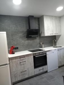 una cucina con lavello e fornello di Apartamentos Redondo a Suances