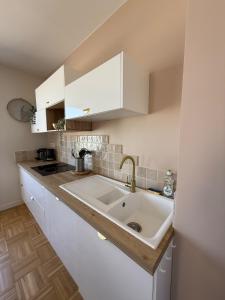 eine Küche mit Spüle und weißen Schränken in der Unterkunft La Plénitude face à la mer in Dunkerque