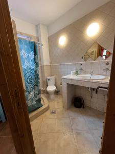a bathroom with a sink and a toilet with a shower curtain at Vila Seascape in 2 Mai