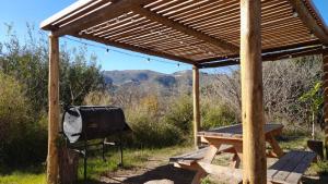a wooden pergola with a picnic table and a grill at Bella Vista in Valle Hermoso