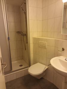 un bagno con doccia, WC e lavandino di Studio at famous Storchengasse - Stork 44 a Zurigo Altre 11 foto