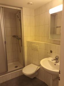 un bagno con wc, lavandino e doccia di Studio at famous Storchengasse - Stork 44 a Zurigo