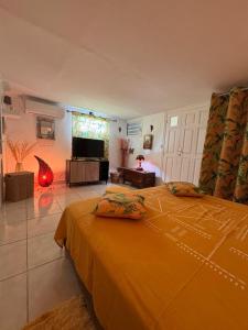 a bedroom with a large bed with a yellow blanket at La Kaza Tresor - Appartement T2 spacieux avec jacuzzi privé in Sainte-Anne