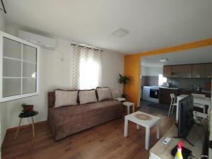 a living room with a couch and a kitchen at Olive House in Petrovac na Moru +9 photos
