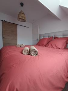 a large bed with red sheets and pillows on it at Appartement T2 Cosy Hyper Centre proche Aéroport et Gare SNCF in Beauvais