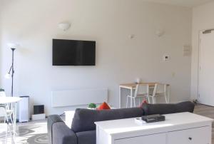 a living room with a couch and a tv on a wall at The Clocktower Light and Airy Studio on Bourke St in Melbourne