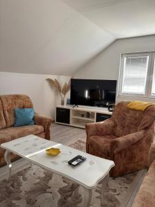 a living room with two chairs and a coffee table at Apartman Salus in Tuzla