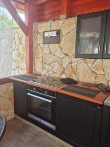 cocina con fogones y pared de piedra en MIMÓZA Nyaralóház, en Tiszafüred 41 fotos más