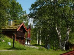 uma cabana de madeira com um telhado de relva e uma casa vermelha em Vålådalens Fjällstation em Vålådalen