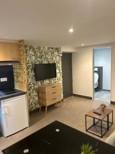 a living room with a flat screen tv on a wall at Chambre Studio B&B in Mazamet