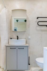 een badkamer met een witte wastafel en een spiegel bij Nemunas A respite Studio 8 in Druskininkai