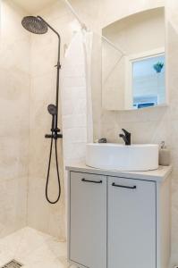 een badkamer met wastafel en douche bij Nemunas A respite Studio 8 in Druskininkai