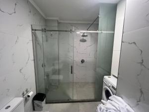 a shower with a glass door in a bathroom at House Shengjin in Shëngjin +8 photos