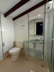 a bathroom with a toilet and a sink and a mirror at Suíte Amazônia in Bombinhas