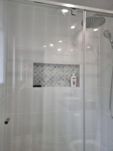 a shower with a glass door in a bathroom at La Luna House in Logan Village