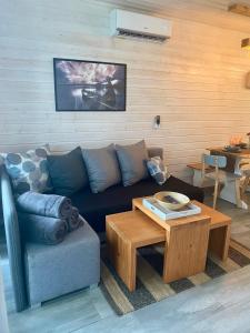 ein Wohnzimmer mit einer Couch und einem Couchtisch in der Unterkunft U Wikinga - Domki letniskowe w Mielnie in Mielno