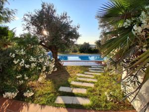 a stairway leading to a swimming pool with flowers at Casa De Terena in Terena