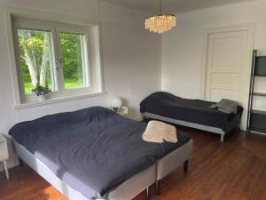 a bedroom with two beds and a chandelier at 5 person holiday home in Stehag in Stehag