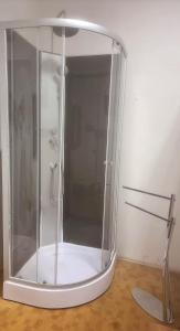 a shower with a glass door in a room at Nr 9 Hübsche Suite mit Loggia in alte Villa mit Stadtblick und interessante Ausstattung Ohm Zimmer in Annaberg-Buchholz