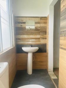 a bathroom with a white sink and a mirror at Rahangala edge in Boralanda