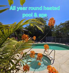 around heated pool and spa in a yard with a plant at Noosa River Retreat Holiday Apartments in Noosaville