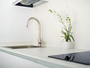 a kitchen counter with a sink and a vase of flowers at Zorrilla - by Wehomes in Santander
