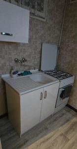 Una pequeña cocina con estufa y fregadero. en Katedra Gorzów, en Gorzów Wielkopolski
