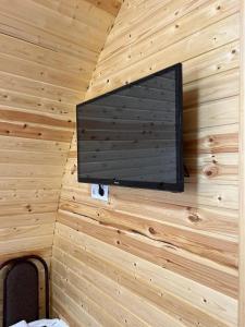 a tv on the wall of a wooden wall at Tasmal Yurt Camp in Tong