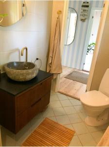 un baño con lavabo e inodoro en Holiday Home With Wild Garden By The Fjord, en Jægerspris
