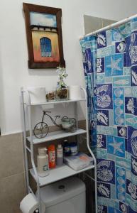 een badkamer met een plank boven een toilet en een douche bij Lofts #9 & #6 Surf EcoVilla Playa El Sunzal in El Sunzal