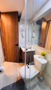 a bathroom with a toilet and a sink at Hotel Jelt Aeropuerto in Bogotá