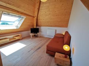 a living room with a couch and a tv at Sol i Munt Cerdanya in Enveitg