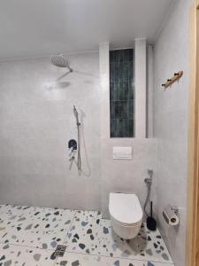 a bathroom with a shower and a toilet in it at Green Hill in Batumi