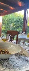 a plate of food and a glass of wine on a table at Fenix Villa in Noicattaro