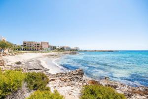 a view of a beach with buildings and the ocean at Can Vidal Ibiza in Ses Salines