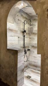a shower in a bathroom with a stone wall at Royal Serviced Cottages in Murree