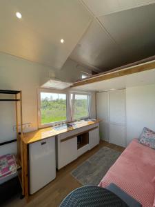 VirtsuAnniksson Tiny House的一间有床、书桌和窗户的房间