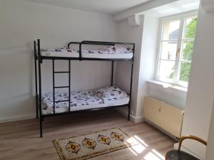 two bunk beds in a room with a window at Ferienwohnung am Schloss in Eckartsberga