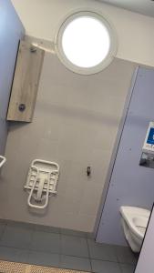 a bathroom with a toilet and a window on the wall at Docked boat in Le Barcarès +24 photos
