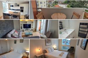 a collage of photos of a living room and a kitchen at Charmant T3 centre Pau - Balcon in Pau +9 photos