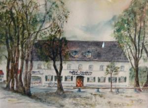 une peinture d'un bâtiment avec une femme devant lui dans l'établissement Hotel Huber, à Moosburg an der Isar