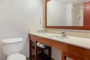 a bathroom with a toilet and a sink with a mirror at Comfort Inn & Suites Orlando North in Sanford