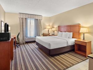 a hotel room with a bed and a television at Comfort Inn Metro Airport in Romulus +53 photos