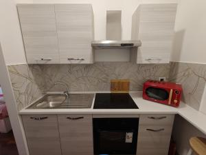 a small kitchen with a microwave and a sink at Alloggio Turistico Katarina House in Isola Sacra