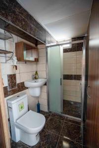 a bathroom with a toilet and a sink and a shower at Kutlugun Sahil Otel in Akçay +65 photos