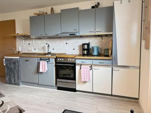 a kitchen with stainless steel appliances and white cabinets at Ferienwohnung Rhön mit Terrasse im Grünen in Burkardroth