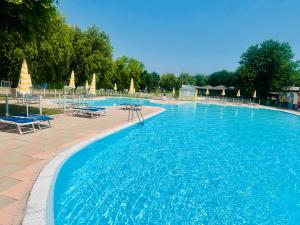 a large blue swimming pool with chairs and umbrellas at Angy House 25 in Desenzano del Garda