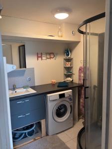 a bathroom with a washing machine and a sink at Chalet Les Mios, chez Isa in Vacheresse +15 photos