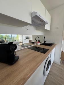 a kitchen with a sink and a stove at Beautiful river view studio in Mandelieu-la-Napoule